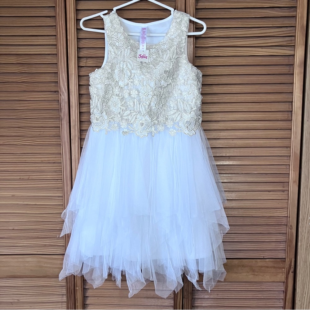 Justice Girls White Gold Lace Tulle Tiered Flower Girl Party Dress Size 14 NWT